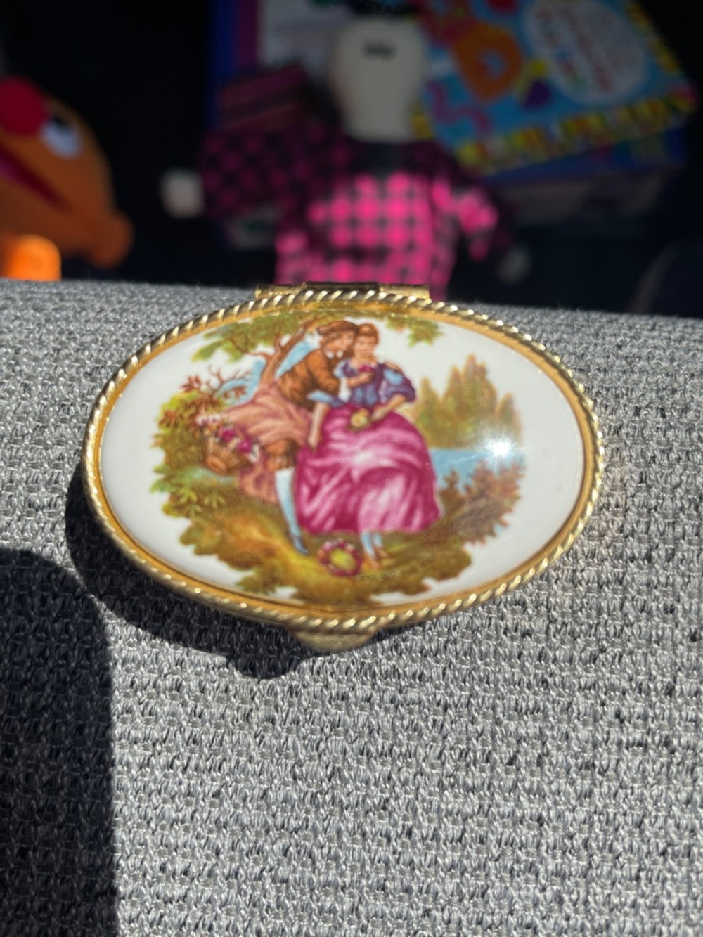 Vintage Porcelain Scenic Pill Box - Gold Trim